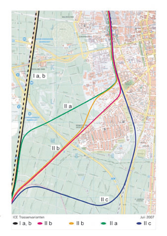 Verschiedene im ICE-Beirat Darmstadt zur Diskussion gestellte Möglichkeiten der Südausschleifung im Bereich Darmstadt