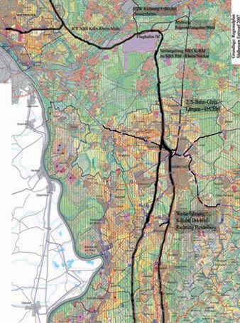 Bild 1: Flughafenbahnhof bis Bergstraße - Gesamtbetrachtung Nahverkehr (dünne Linien) und ICE-Verkehr (dicke Linien) in ihrer Verknüpfung bei einem Verzicht (siehe vorhergehende Seite) auf Südanbindung in Darmstadt